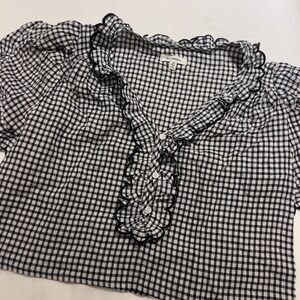 Max‎ Studio Gingham Ruffle Scalloped Reworked Vintage Blouse Black White M